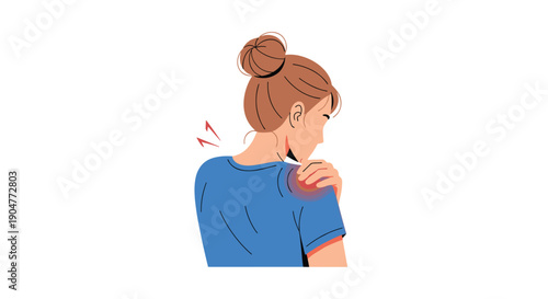 Woman experiencing sharp shoulder pain, indicated by a red highlight, as she touches her affected area, symbolizing