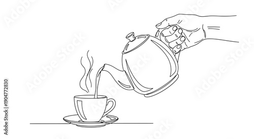 A hand is carefully pouring a hot beverage, likely tea or coffee, from a classic teapot into a steaming cup on a saucer.