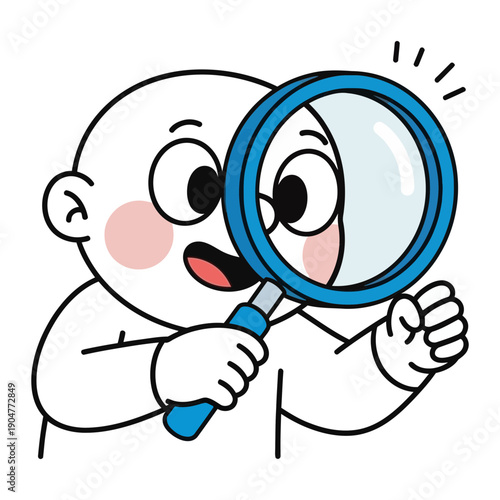A cute, minimalist cartoon baby character is happily holding a large blue magnifying glass, eagerly embarking on a journey of discovery.