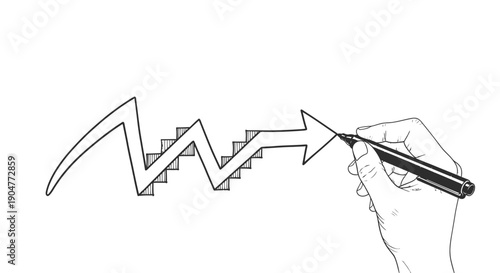 A human hand is drawing an upward-trending zigzag arrow with a pen, symbolizing progress, growth, and market fluctuations.