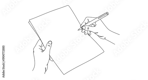 A simple line art illustration shows a person's hands holding a blank sheet of paper while another hand writes with a pen.