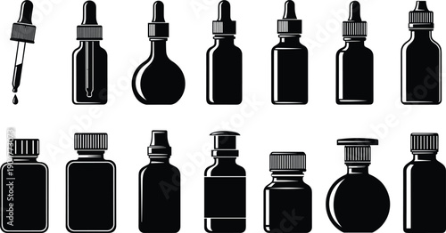 Set of Medical Dropper Bottles and Medicine Containers Icons for Essential Oils Pharmacy Serum Skincare Laboratory Research and Healthcare Product Packaging