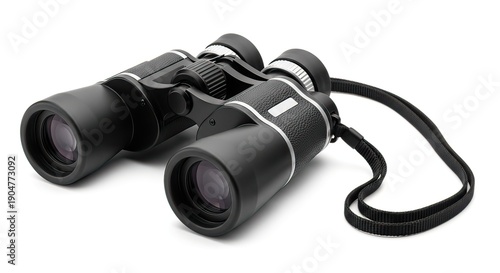 High-quality black binoculars with a strap for long-distance observation and outdoor exploration, isolated on a clean white background, essential equipment for adventurers