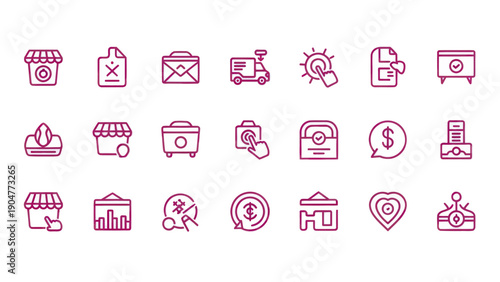 Set of various purple outline icons related to business and finance