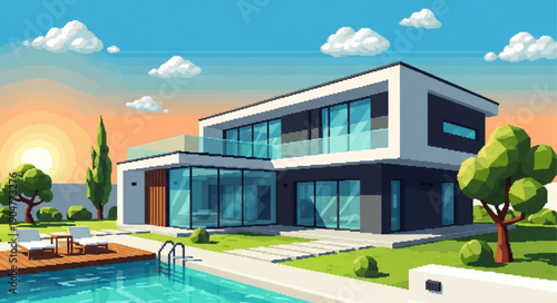 Modern Luxury Villa With Swimming Pool At Sunset.