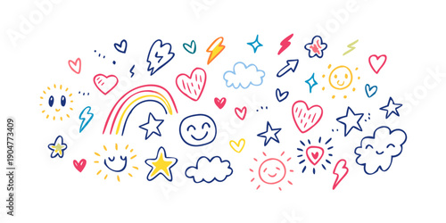 Schilderij op canvas A vibrant collection of diverse and colorful stickers with various shapes and de