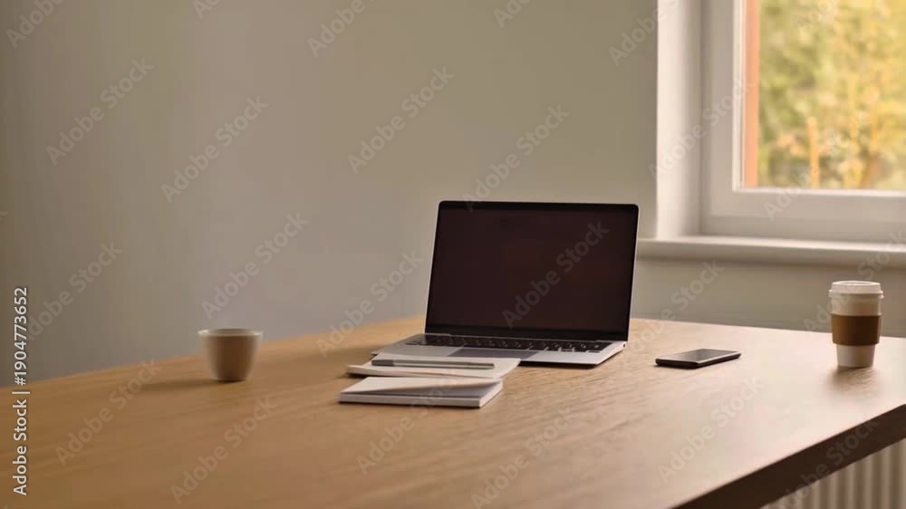 custom made wallpaper toronto digitalMinimalist workspace with laptop on wooden desk near window. Clean and calm home office environment representing remote work, productivity, and modern professional lifestyle.