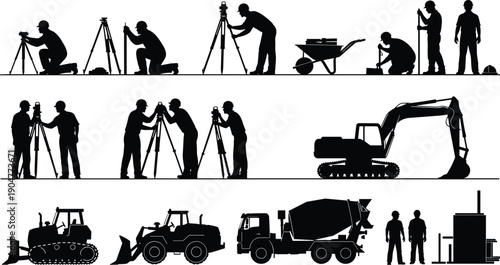 Black and white silhouette illustration of construction workers, surveyors, heavy machinery, excavator, bulldozer, cement mixer truck, teamwork