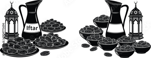 Ramadan iftar food collection featuring dates in bowls with water jugs and traditional arabic lanterns for islamic holy month celebration.