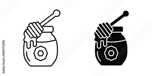 A simple black and white illustration depicts two honey jars one as a line drawing and the other filled in high quality professional detailed modern elegant