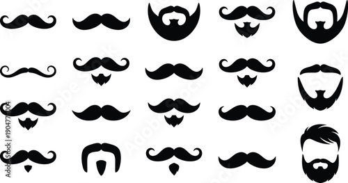 Mustache and beard silhouette icon set with various masculine facial hair styles, minimalist black grooming vector illustrations isolated on white background