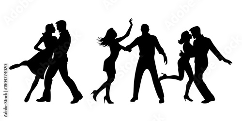 Schilderij op canvas Silhouettes of people dancing in various styles and poses Vector