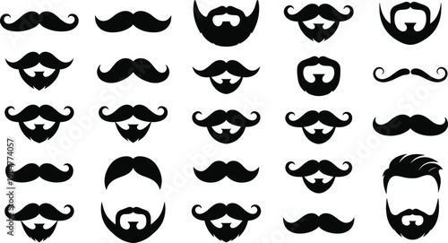Mustache and beard silhouette icon collection featuring diverse masculine facial hair styles, minimalist black barber grooming vector illustrations isolated on white background