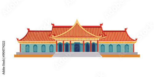 A grand and ornate traditional chinese building with intricate roof details Vector