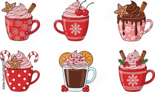 Set of festive Christmas hot cocoa mugs with whipped cream gingerbread stars candy canes cherries and orange slices for winter holiday season