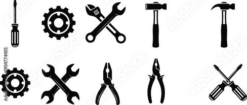 Collection of black and blue vector icons featuring hand tools including wrenches, pliers, hammers, screwdrivers, gears for repair work