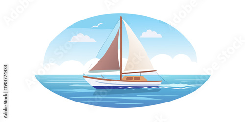 Foto A serene sailboat gliding across a calm, blue ocean under a clear sky