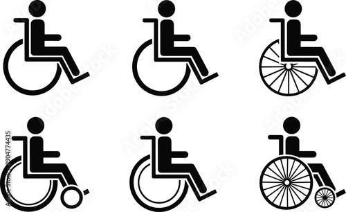 Wheelchair accessibility icons set, disability rights symbols, handicapped person seat, medical healthcare sign, mobility assistance, universal access vector, hospital navigation, patient,