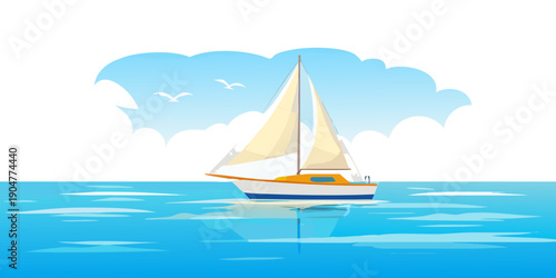 Schilderij op canvas A serene sailboat gliding through calm blue waters under a clear sky with fluffy