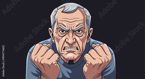 Angry Old Man with Clenched Fists and Intense Expression.
