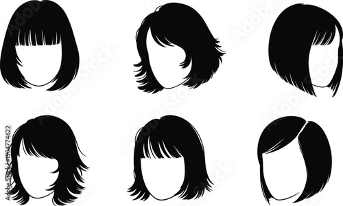 Minimalist female hairstyle silhouette icon set showcasing short bob haircuts, modern fashion beauty vector illustrations isolated on white background