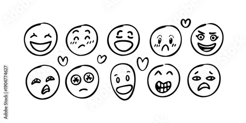 A diverse collection of nine illustrated faces expressing various emotions Vector