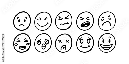 A collection of diverse emoticons expressing various emotions and facial expressions. Vector