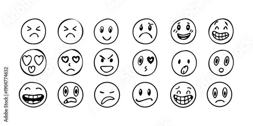 A collection of diverse facial expressions depicted through simple line drawings Vector