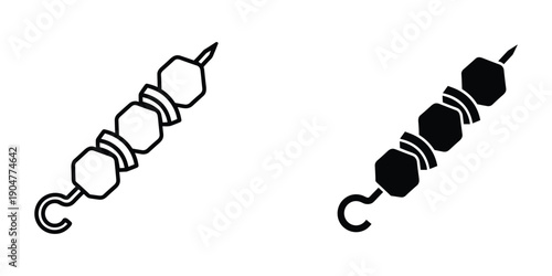 This image displays two simple black and white line drawings of skewers with food items threaded onto them high quality professional detailed modern elegant stylish clean
