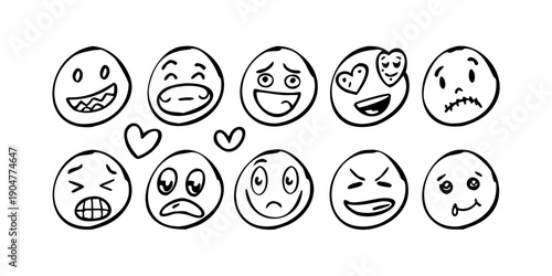 A diverse collection of expressive emoticons showcasing various emotions and reactions Vector