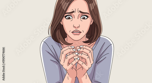 Cartoon Woman Expressing Fear and Anxiety with Clenched Hands.