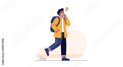 Distracted Traveler Man on Phone Walking with Backpack.