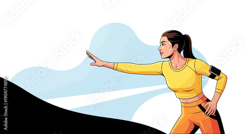 Determined Woman Reaching Forward in Athletic Attire.