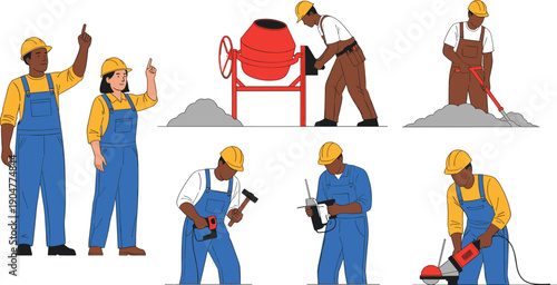 Construction workers with safety gear operating tools, teamwork on building site, concrete mixing, hammering, sawing, shoveling, caulking tasks