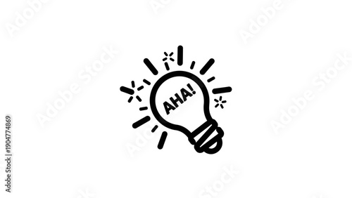 AHA! Moment Lightbulb Icon. Simple hand-drawn outline vector symbol for sudden brilliant idea, innovation, creative thinking, and eureka realization.