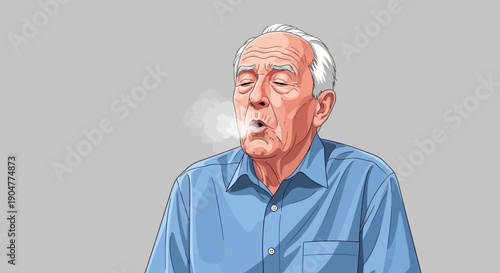 Elderly Man Exhaling Smoke Vector Illustration of Senior Smoking.