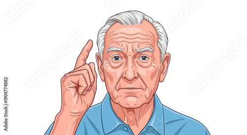Elderly Man with Raised Finger Emphasizing a Point or Idea.