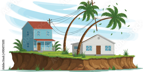 Small coastal houses on a cliff with leaning palm trees under a windy sky for tropical island living and real estate concept vector illustration