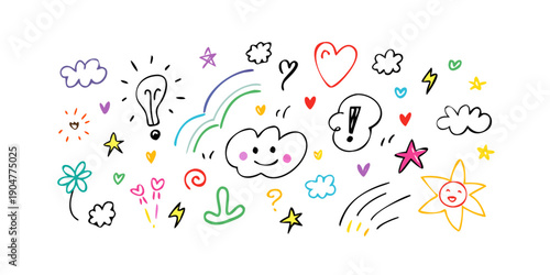 A colorful array of various doodles and symbols representing creativity and imagination. Vector