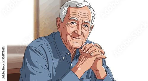 Illustration of a Smiling Elderly Man with Hands Clasped.