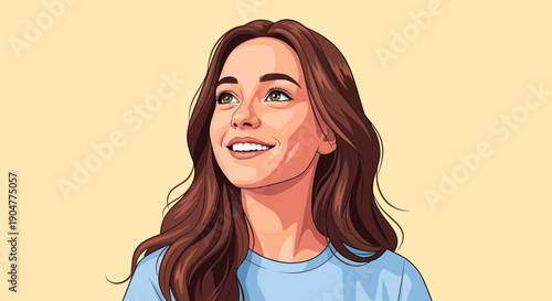 Illustration of a Smiling Woman with Flowing Brown Hair and Blue Top.