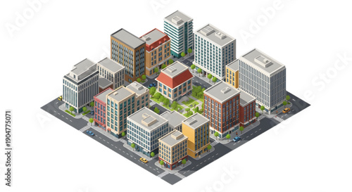 Isometric City Block Urban Development Illustration Modern Buildings Green Spaces Transportation