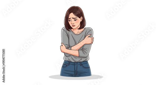 Illustration of a woman shivering and hugging herself for warmth.