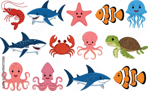 Playful marine animal icons pack containing various sharks and sea inhabitants for creative design projects now.
