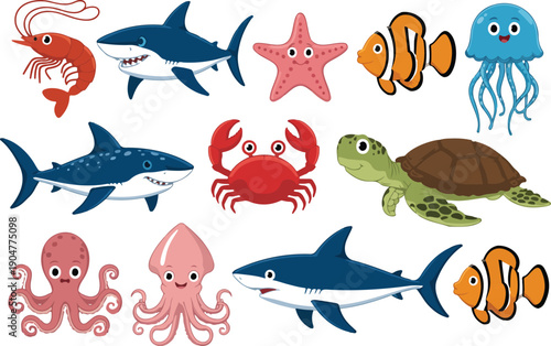 Playful marine animal icons pack containing various sharks and sea inhabitants for creative design projects now.
