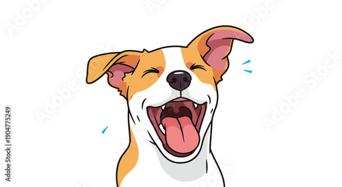 Happy mixed breed puppy laughing with wide open mouth and tongue out showing pure joy and excitement in a vector style.