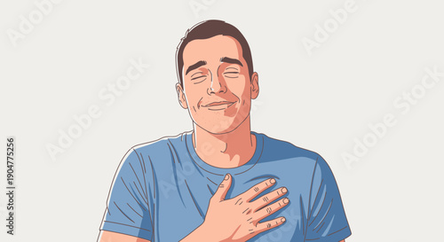 Man expressing gratitude with hand on chest and closed eyes.