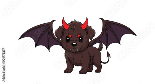 Small brown puppy character designed as a cute devil with bat wings, red horns, and a spiked tail standing alertly.