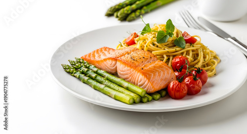 A plate of food with salmon asparagus and tomatoes