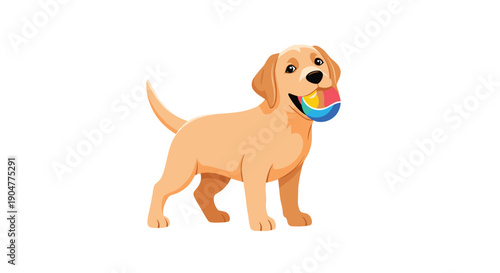 Golden retriever puppy standing happily with a colorful beach ball in its mouth showing a playful and energetic mood.